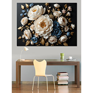 Altın Mavi Gül Kompozisyonu Dekoratif Kanvas - Mdf Ahşap Tablo 50x70 cm