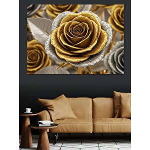 Altın Işıltılı Gül Deseni Dekoratif Kanvas - Mdf Ahşap Tablo 50x70 cm
