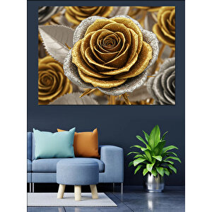 Altın Işıltılı Gül Deseni Dekoratif Kanvas - Mdf Ahşap Tablo 50x70 cm