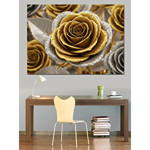 Altın Işıltılı Gül Deseni Dekoratif Kanvas - Mdf Ahşap Tablo