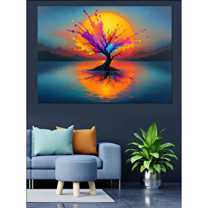 Göl Üzerinde Büyülü Ağaç Dekoratif Kanvas - Mdf Ahşap Tablo 100x140 cm
