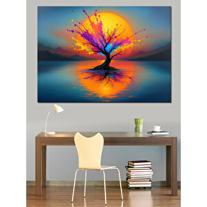 Göl Üzerinde Büyülü Ağaç Dekoratif Kanvas - Mdf Ahşap Tablo 100x140 cm