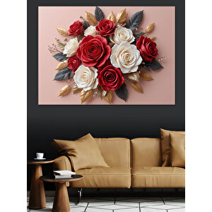 Kırmızı Beyaz Gül Aranjmanı Dekoratif Kanvas - Mdf Ahşap Tablo