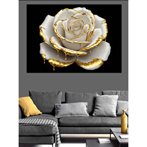 Altın Beyaz Gül Heykeli Dekoratif Kanvas - Mdf Ahşap Tablo