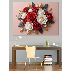 Kırmızı Beyaz Gül Aranjmanı Dekoratif Kanvas - Mdf Ahşap Tablo 100x140 cm