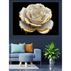 Altın Beyaz Gül Heykeli Dekoratif Kanvas - Mdf Ahşap Tablo 50x70 cm