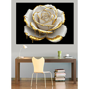 Altın Beyaz Gül Heykeli Dekoratif Kanvas - Mdf Ahşap Tablo