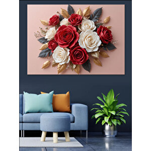 Kırmızı Beyaz Gül Aranjmanı Dekoratif Kanvas - Mdf Ahşap Tablo 35x50 cm