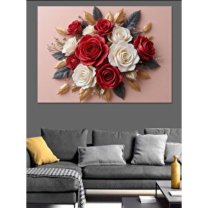 Kırmızı Beyaz Gül Aranjmanı Dekoratif Kanvas - Mdf Ahşap Tablo