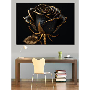 Siyah Gül Ve Altın Dekoratif Kanvas - Mdf Ahşap Tablo 70x100 cm