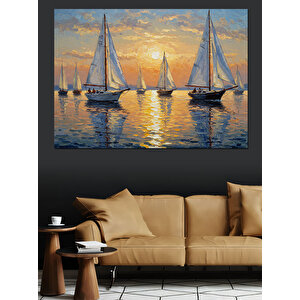 Gün Batımında Yelkenli Tekneler Dekoratif Kanvas - Mdf Ahşap Tablo