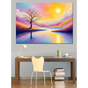 Göl Manzarasında Ağaç Dekoratif Kanvas - Mdf Ahşap Tablo 70x100 cm
