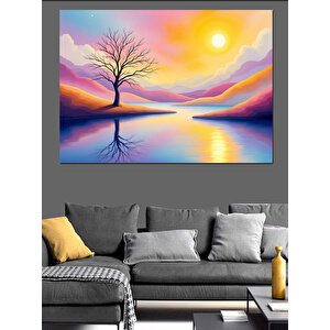 Göl Manzarasında Ağaç Dekoratif Kanvas - Mdf Ahşap Tablo 70x100 cm