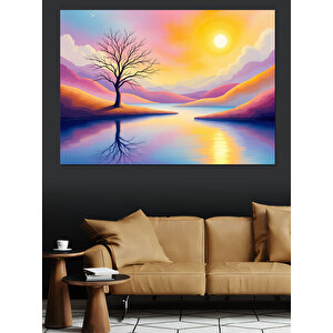 Göl Manzarasında Ağaç Dekoratif Kanvas - Mdf Ahşap Tablo 70x100 cm