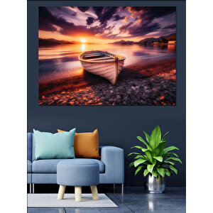 Gün Batımında Beyaz Kayık Dekoratif Kanvas - Mdf Ahşap Tablo
