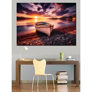 Gün Batımında Beyaz Kayık Dekoratif Kanvas - Mdf Ahşap Tablo 100x140 cm