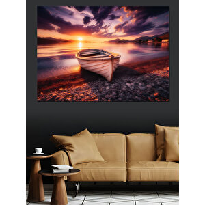 Gün Batımında Beyaz Kayık Dekoratif Kanvas - Mdf Ahşap Tablo 100x140 cm
