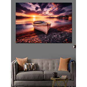 Gün Batımında Beyaz Kayık Dekoratif Kanvas - Mdf Ahşap Tablo