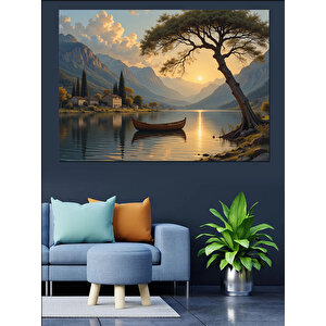 Göl Kıyısında Günbatımı Dekoratif Kanvas - Mdf Ahşap Tablo 25x35 cm