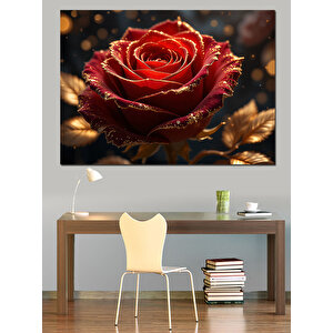 Parlak Işıltılı Kırmızı Gül Dekoratif Kanvas - Mdf Ahşap Tablo 100x140 cm