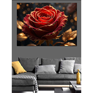 Parlak Işıltılı Kırmızı Gül Dekoratif Kanvas - Mdf Ahşap Tablo 100x140 cm
