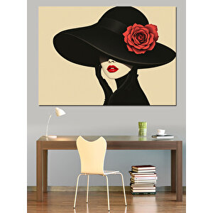 Kırmızı Güllü Şapkalı Kadın Dekoratif Kanvas - Mdf Ahşap Tablo 70x100 cm
