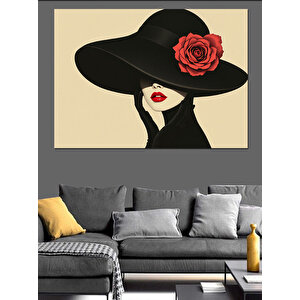 Kırmızı Güllü Şapkalı Kadın Dekoratif Kanvas - Mdf Ahşap Tablo 70x100 cm