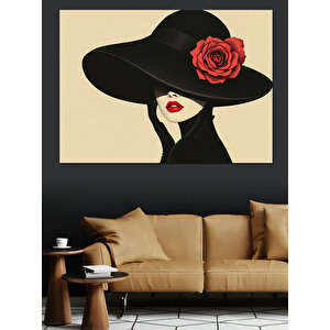 Kırmızı Güllü Şapkalı Kadın Dekoratif Kanvas - Mdf Ahşap Tablo 70x100 cm