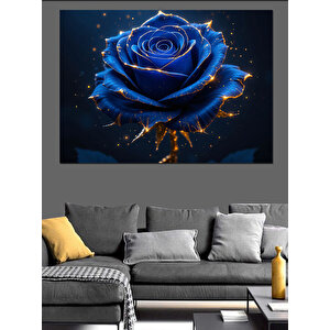 Altın Üstünde Mavi Gül Dekoratif Kanvas - Mdf Ahşap Tablo