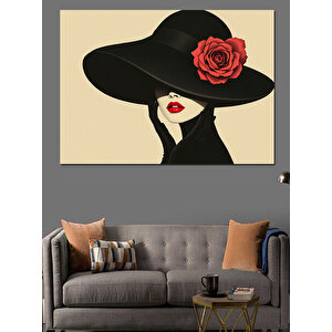 Kırmızı Güllü Şapkalı Kadın Dekoratif Kanvas - Mdf Ahşap Tablo