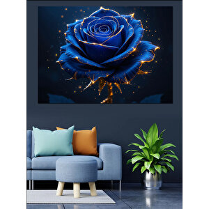Altın Üstünde Mavi Gül Dekoratif Kanvas - Mdf Ahşap Tablo 100x140 cm
