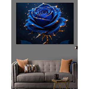 Altın Üstünde Mavi Gül Dekoratif Kanvas - Mdf Ahşap Tablo 100x140 cm