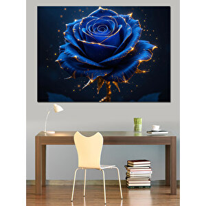 Altın Üstünde Mavi Gül Dekoratif Kanvas - Mdf Ahşap Tablo 100x140 cm