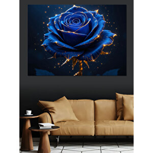 Altın Üstünde Mavi Gül Dekoratif Kanvas - Mdf Ahşap Tablo
