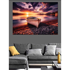 Gün Batımında Beyaz Kayık Dekoratif Kanvas - Mdf Ahşap Tablo 70x100 cm