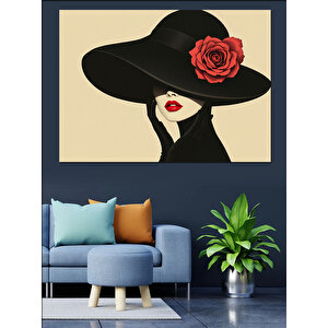 Kırmızı Güllü Şapkalı Kadın Dekoratif Kanvas - Mdf Ahşap Tablo