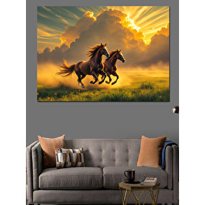 Gün Batımında Koşan Atlar Dekoratif Kanvas - Mdf Ahşap Tablo 100x140 cm