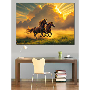 Gün Batımında Koşan Atlar Dekoratif Kanvas - Mdf Ahşap Tablo 100x140 cm