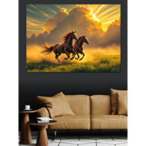 Gün Batımında Koşan Atlar Dekoratif Kanvas - Mdf Ahşap Tablo
