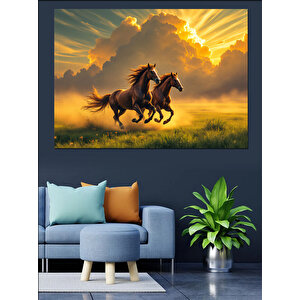 Gün Batımında Koşan Atlar Dekoratif Kanvas - Mdf Ahşap Tablo