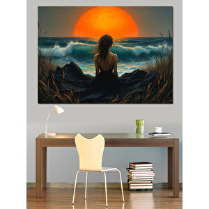 Gün Batımında Oturan Kadın Dekoratif Kanvas - Mdf Ahşap Tablo