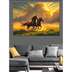 Gün Batımında Koşan Atlar Dekoratif Kanvas - Mdf Ahşap Tablo 70x100 cm
