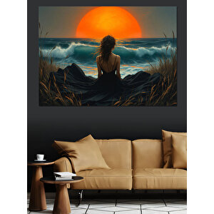 Gün Batımında Oturan Kadın Dekoratif Kanvas - Mdf Ahşap Tablo 100x140 cm