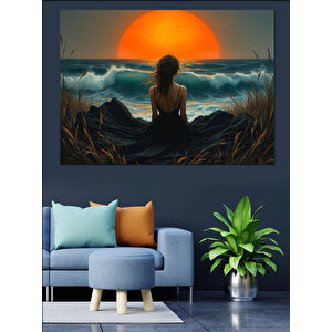Gün Batımında Oturan Kadın Dekoratif Kanvas - Mdf Ahşap Tablo 100x140 cm