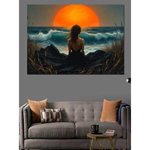 Gün Batımında Oturan Kadın Dekoratif Kanvas - Mdf Ahşap Tablo 100x140 cm