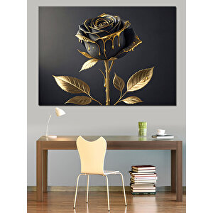 Altın Kenarlı Siyah Gül Dekoratif Kanvas - Mdf Ahşap Tablo 35x50 cm