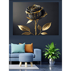 Altın Kenarlı Siyah Gül Dekoratif Kanvas - Mdf Ahşap Tablo