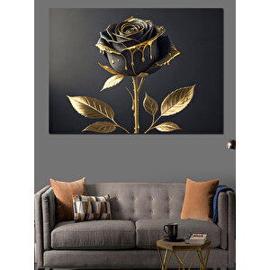 Altın Kenarlı Siyah Gül Dekoratif Kanvas - Mdf Ahşap Tablo