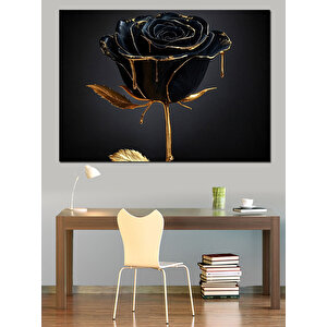 Siyah Altın Gül Deseni Dekoratif Kanvas - Mdf Ahşap Tablo