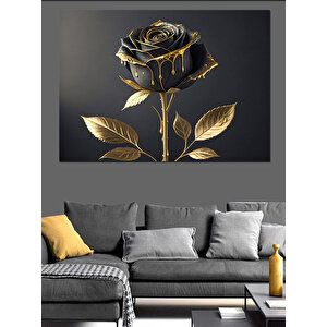 Altın Kenarlı Siyah Gül Dekoratif Kanvas - Mdf Ahşap Tablo 100x140 cm